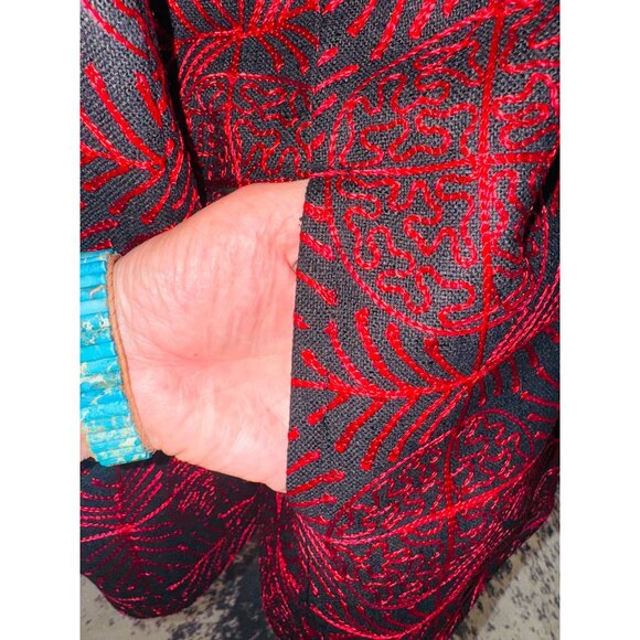 Allison W 100% Silk Jacket Jacquard Red Black Geometric Open Blazer Office City - Picture 11 of 11